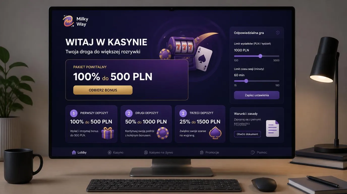 Panel oferty powitalnej 100% do 500 PLN z trzema etapami bonusu i ustawieniami limitów gry