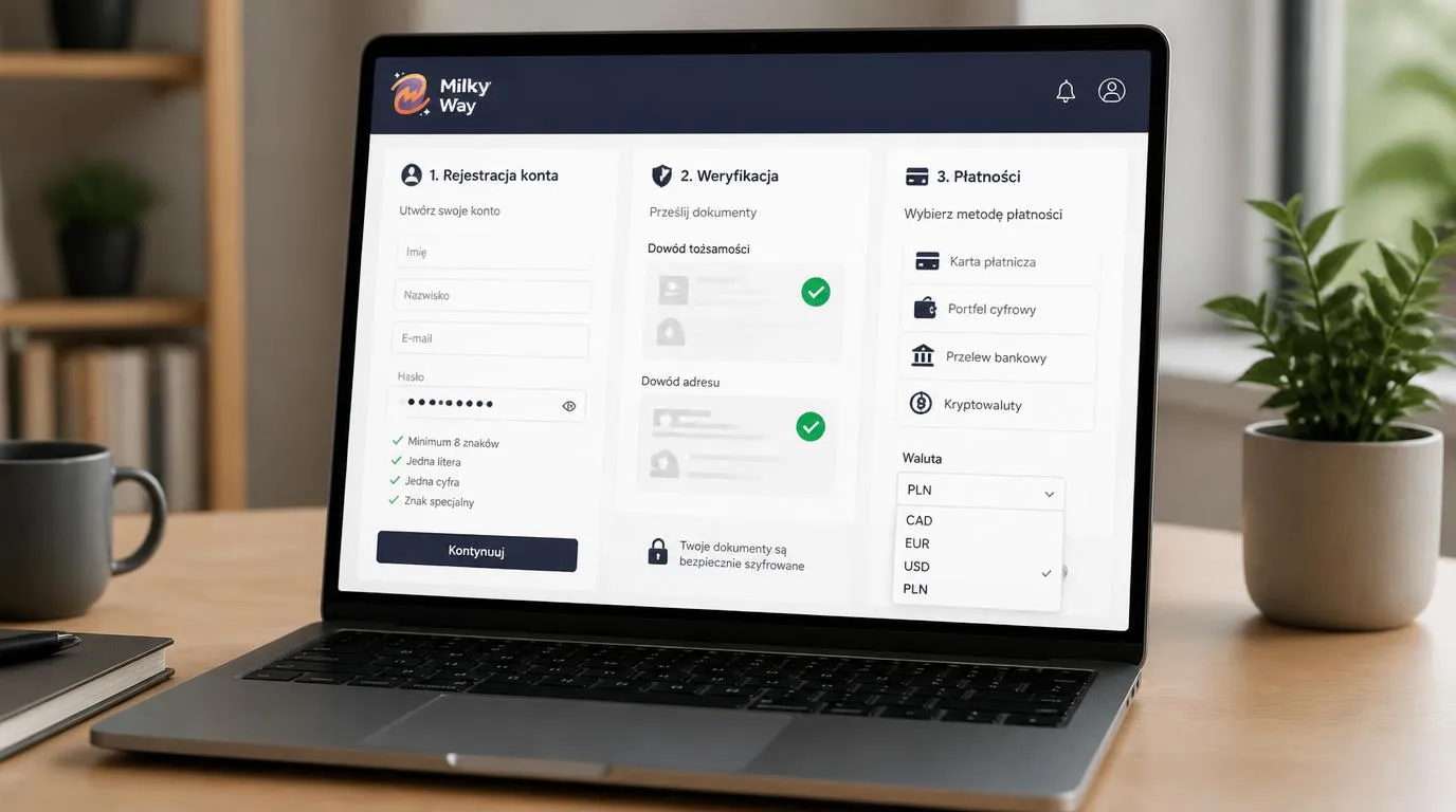 Panel konta z formularzem rejestracji, dokumentami do weryfikacji KYC i wyborem metody wpłaty